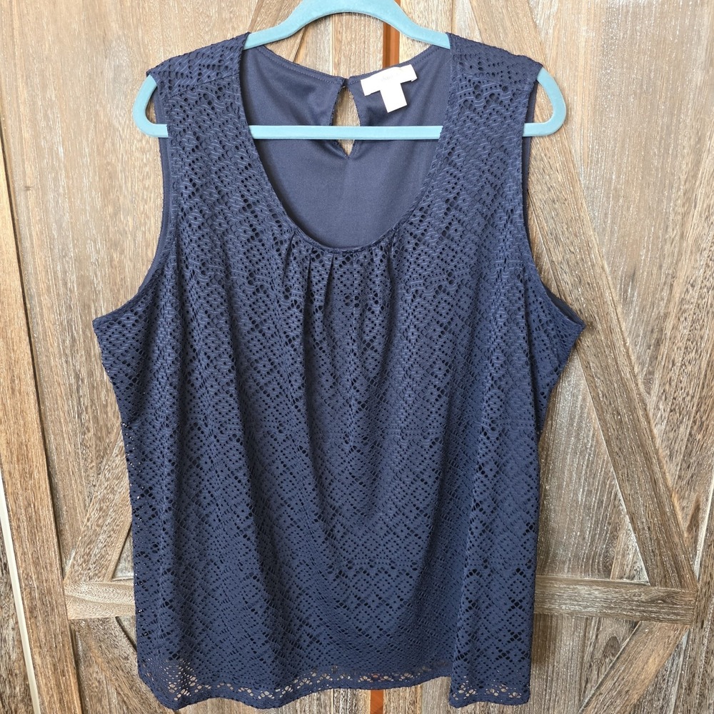 CJ Banks Shirt Women's Size 3X Navy Blue Eyelet Lace Sleeveless Tank Lined Loose